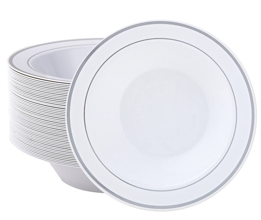 JOLLY PARTY 50 Plastic Bowls with Silver Rim-12oz Disposable Soup Bowls, Christmas Thanksgiving Premium Heavy Duty Plastic Dessert Bowls for Wedding/Party, Silver