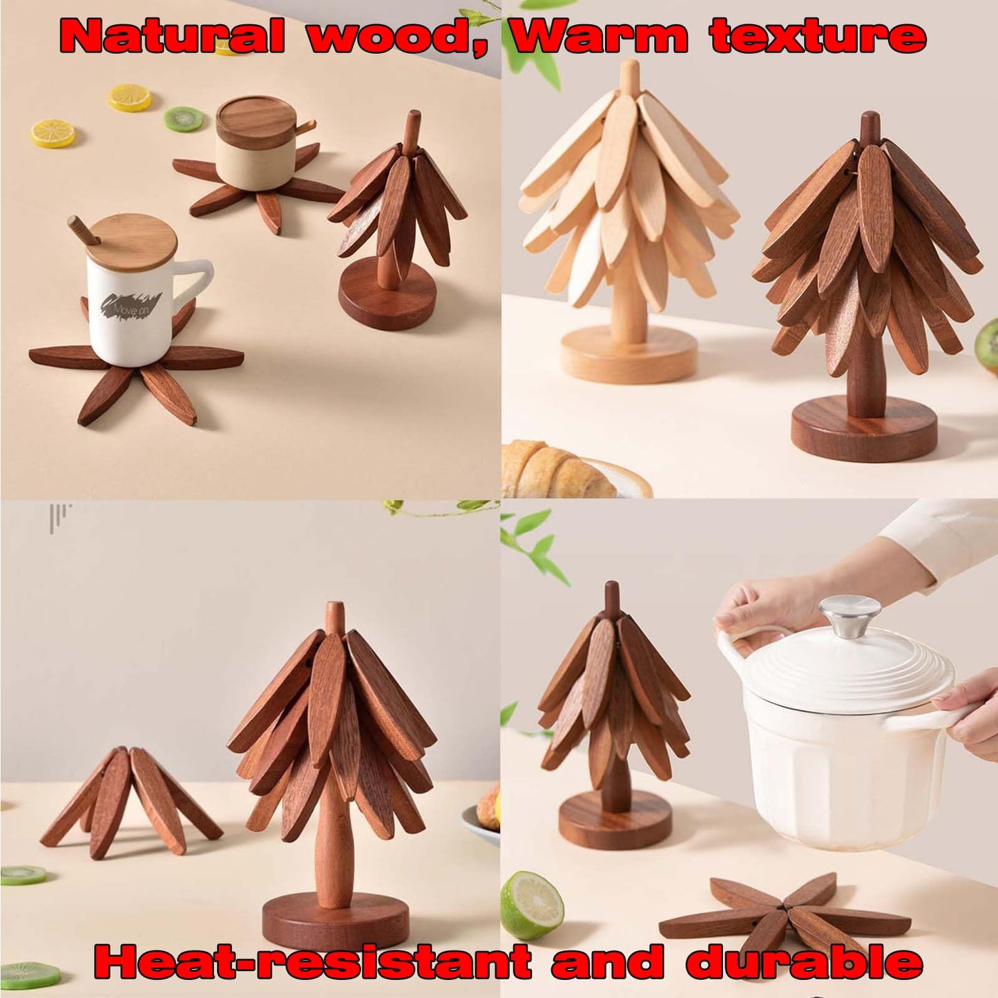 JILITSE Wooden Tree Trivets for Hot Dishes - Set of 4 with Stand, Natural Foldable Kitchen Trivets for Pots, Pans, Bowls & Teapots - Walnut