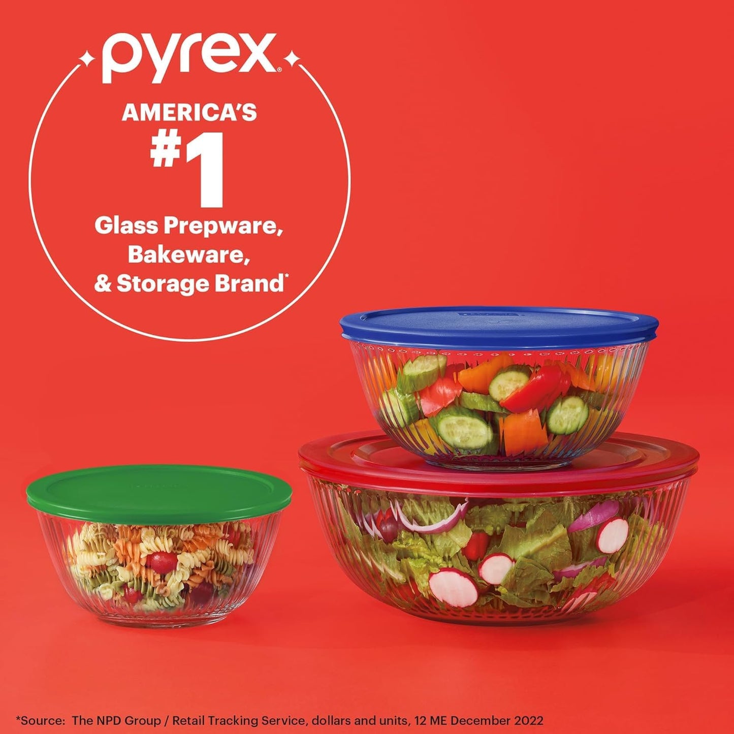 Pyrex Sculpted 3-Pack Glass Mixing Bowls (1.3 QT, 2.3 QT, 4.5 QT) with BPA-Free Lids, Prepping and Baking Food Storage Set, Dishwasher, Microwave and Freezer Safe