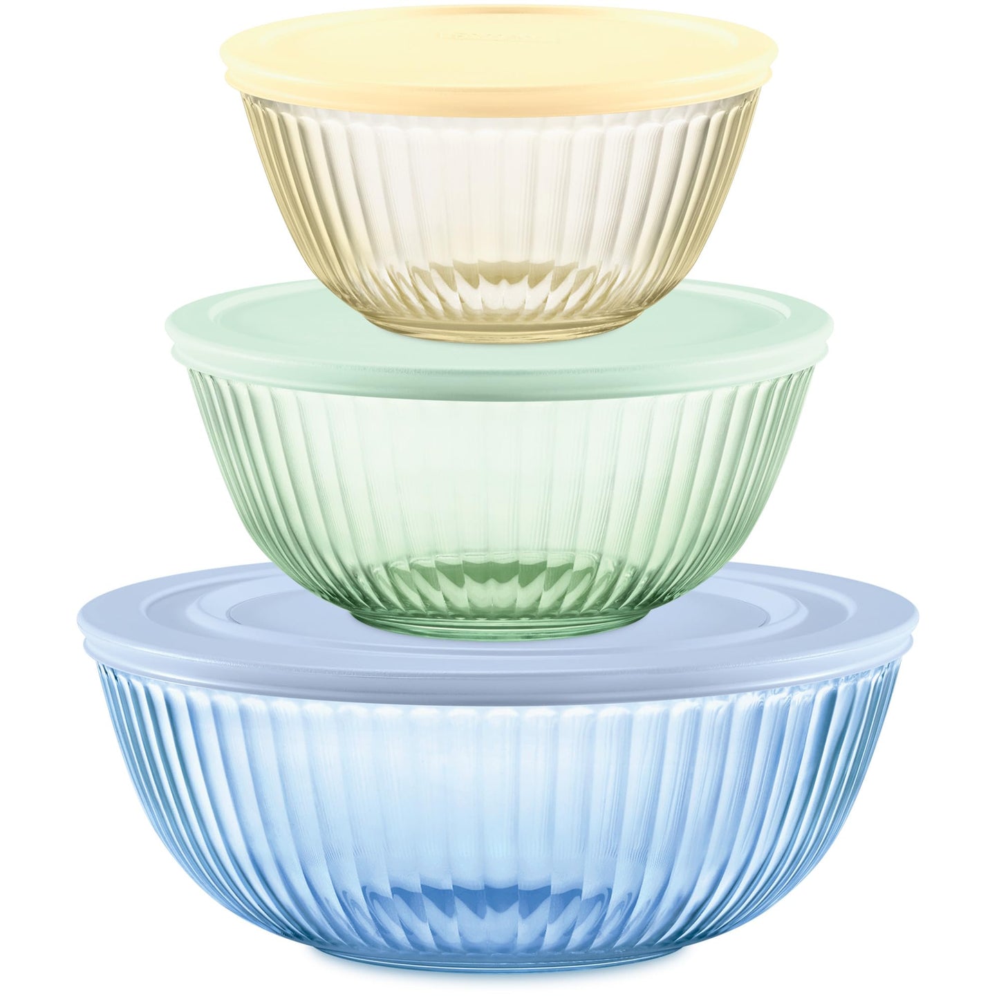 Pyrex Year Of Color Sculpted (3-Pack| 1.3 QT, 2.3 QT, 4.5 QT) Tinted Glass Mixing Bowls Set With Lids For Prepping, Baking and Cooking, Preheated Oven, Dishwasher, Freezer, and Microwave Safe