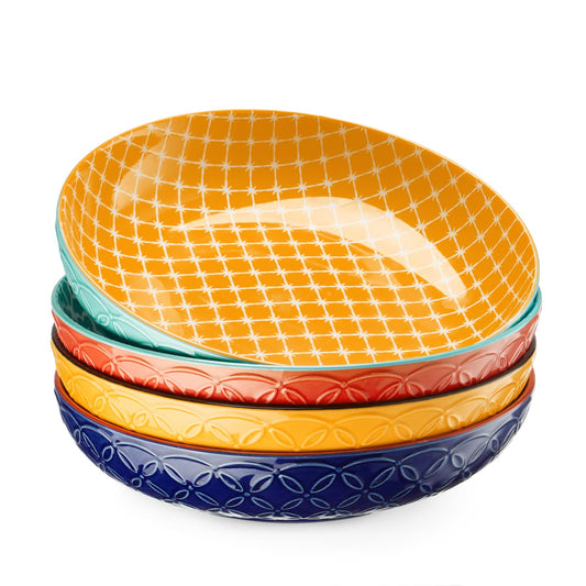 DOWAN 8.5" Vibrant Pasta, Salad & Soup Serving Bowls Set of 4, Large Porcelain Ceramic, Microwave, Oven & Dishwasher Safe, Bonita Design Perfect for Daily Dining, Family Gatherings, Parties & Gifts