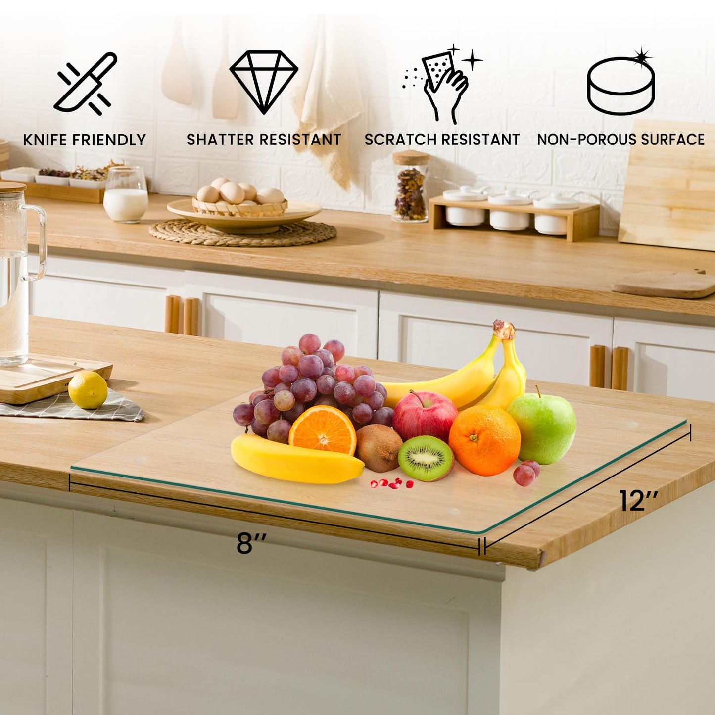 VSAR House Tempered Glass Cutting Boards for Kitchen, 2Pcs Glass Chopping Boards, 16"x12" & 12"x8" Clear Glass Cutting Board Set With NonSlip Feet, Scratch Resistant, Heat Resistant, Easy to Clean