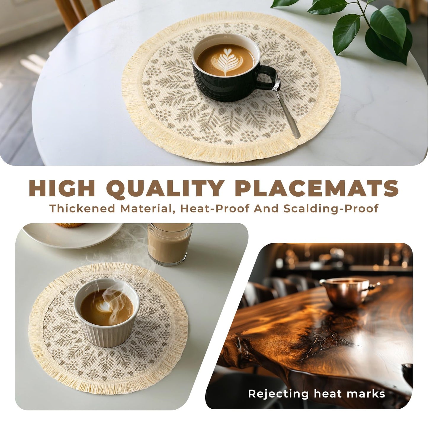 RIOOP Round Braided Placemats Set of 4, Washable Heat Resistant Non-Slip Cotton Polyester Circle Boho Woven Place Mats for Dining Table Decor, Kitchen, Parties, Family Meals, 13 inch A