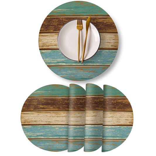 Round Leather Placemats Set of 4 PU Waterproof Non-Slip Washable Heat Resistant Place Mat for Kitchen Dining Table Vintage Wood Grain