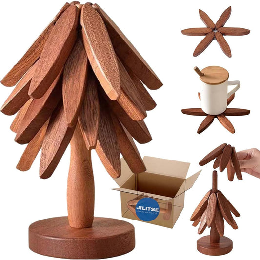 JILITSE Wooden Tree Trivets for Hot Dishes - Set of 4 with Stand, Natural Foldable Kitchen Trivets for Pots, Pans, Bowls & Teapots - Walnut