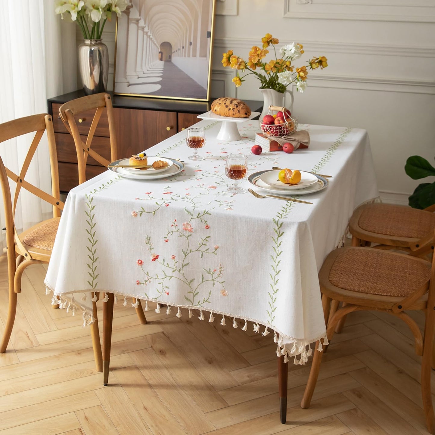 AIRCOWRIE Cotton Linen Tablecloth for Rectangle Tables, Heavy Duty Wrinkle Free Water Resistant Washable Cloth Dining Table Cover for Kitchen and Outdoor Use(Red Hollyhock, 54”×78”, Rectangle)