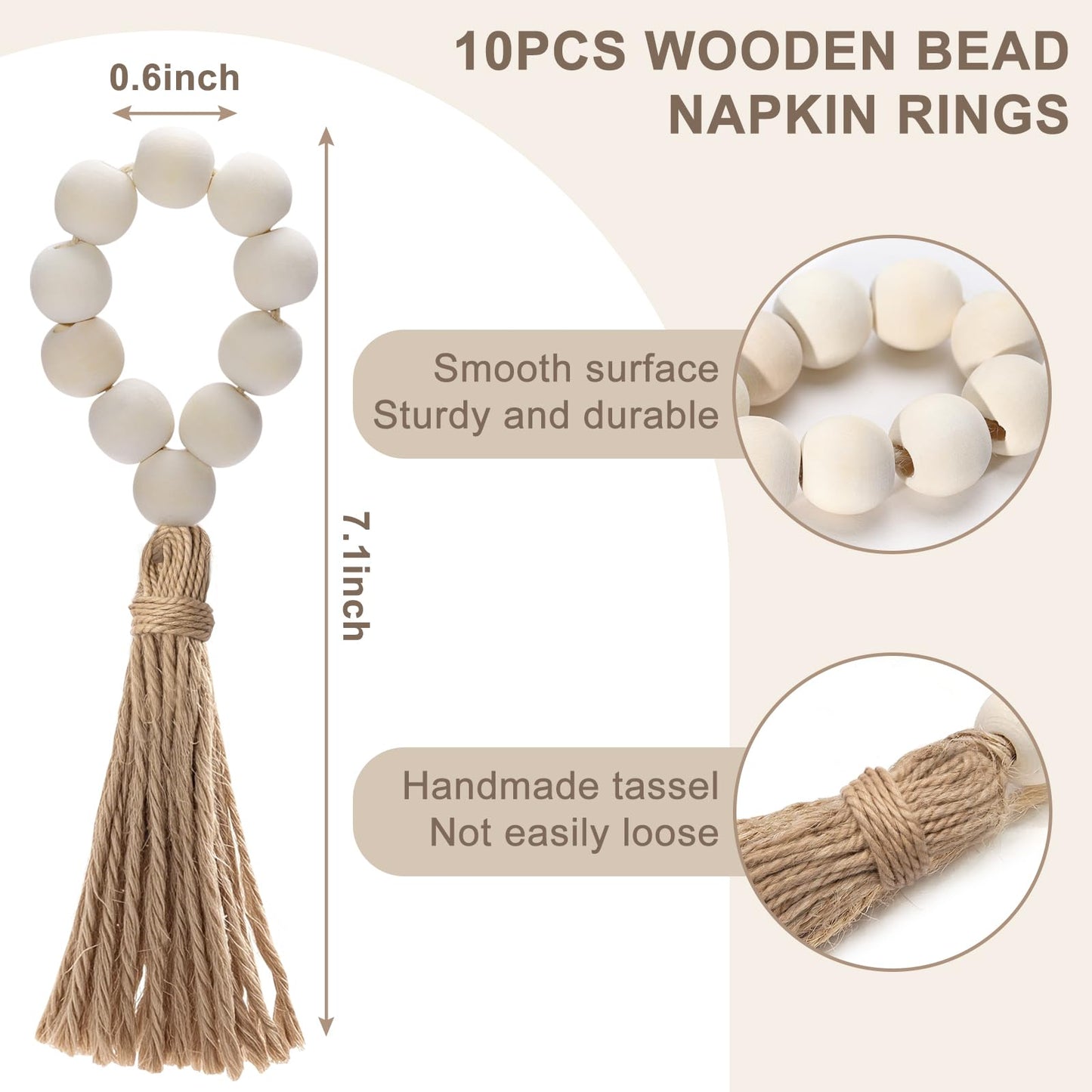 Hardcometrue Woven Placemats Set of 10, 13.8" Natural Water Hyacinth Round Rattan Placemats with Wooden Beads Napkin Rings for Kitchen Dining Table Decor