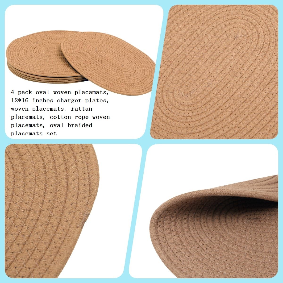 Kosmeey 4 Pack Oval Jute Woven Placemats, 12x16 inches Wicker Woven Plate Chargers for Farmhouse Boho Outdoor Dining