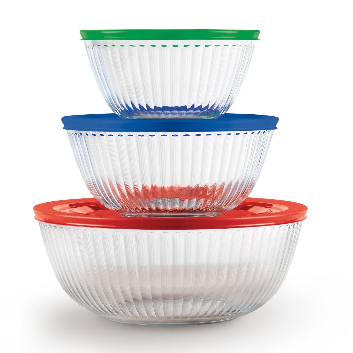 Pyrex Sculpted 3-Pack Glass Mixing Bowls (1.3 QT, 2.3 QT, 4.5 QT) with BPA-Free Lids, Prepping and Baking Food Storage Set, Dishwasher, Microwave and Freezer Safe