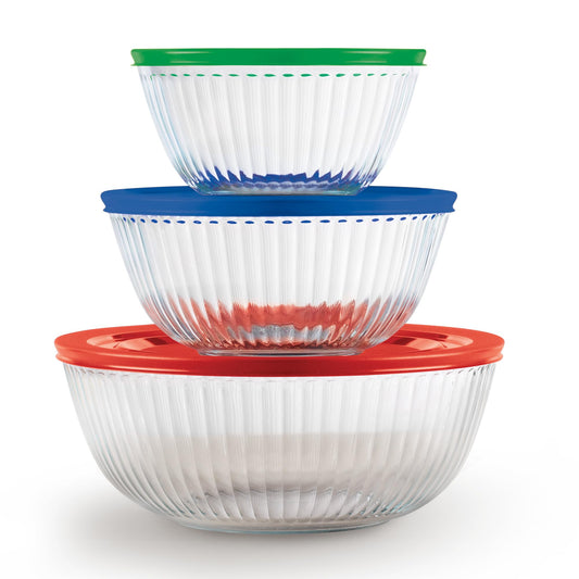 Pyrex Sculpted 3-Pack Glass Mixing Bowls (1.3 QT, 2.3 QT, 4.5 QT) with BPA-Free Lids, Prepping and Baking Food Storage Set, Dishwasher, Microwave and Freezer Safe