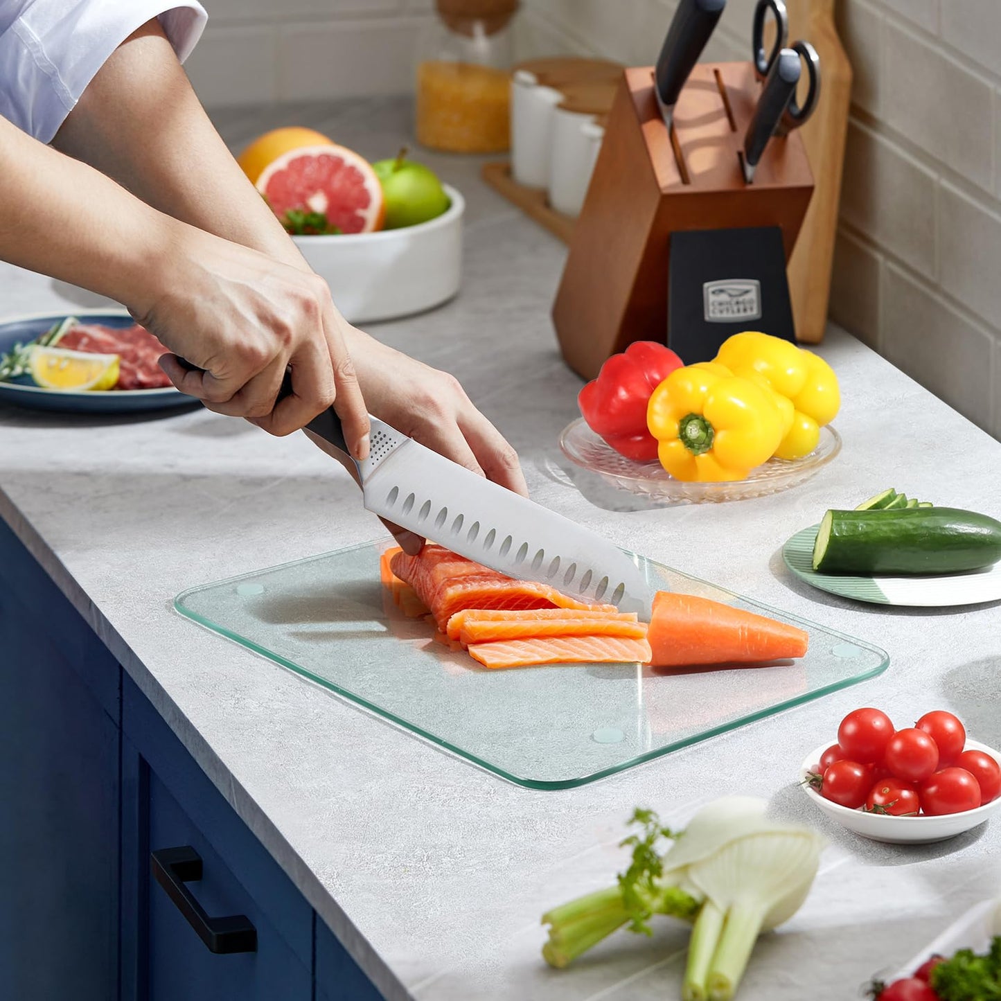 FUIJOL Tempered Glass Cutting Board for Kitchen Counter, Clear Cutting Board for Countertop with Rubber Feet – Heat, Scratch, Shatter Resistant, Dishwasher Safe, Easy to Clean, 8x12"