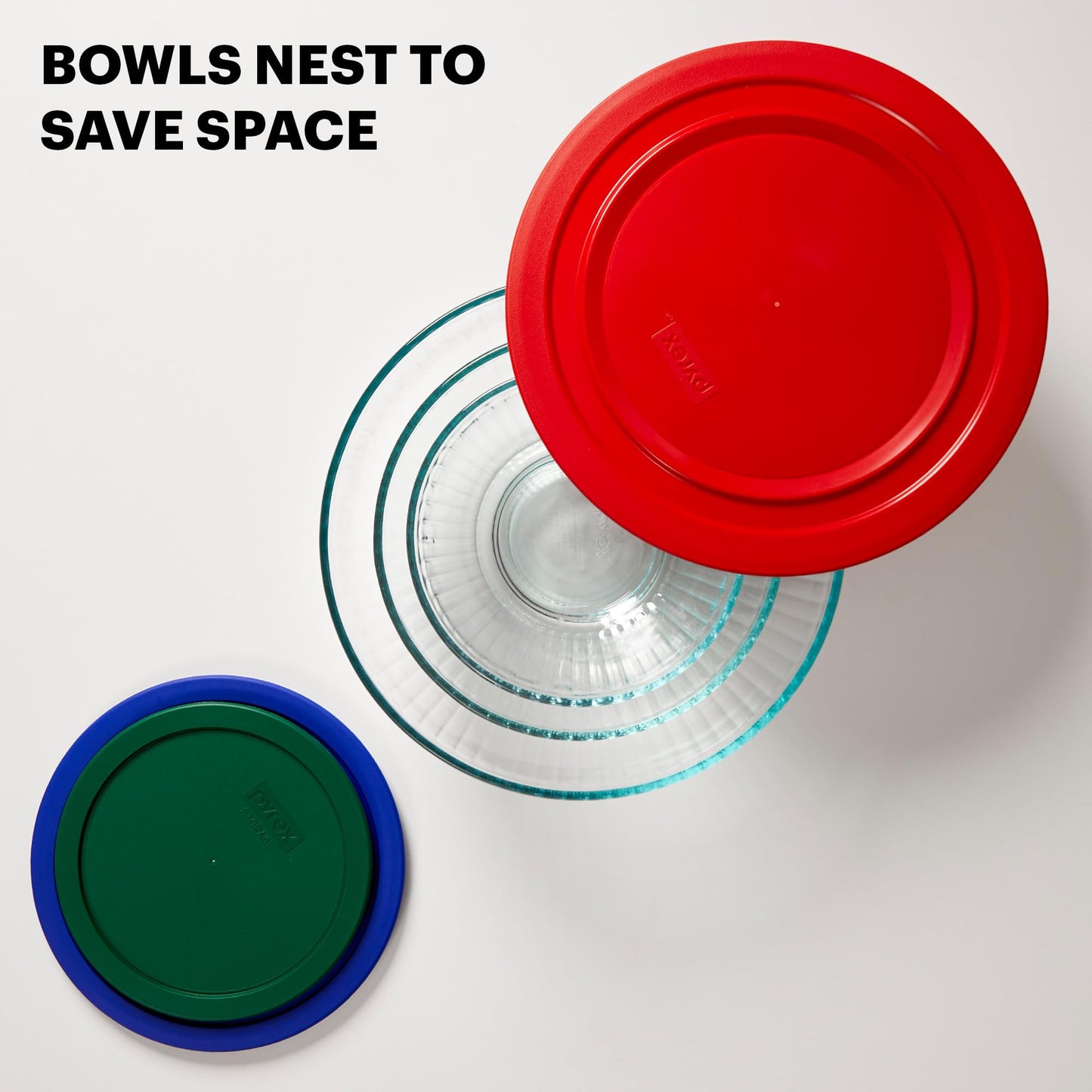 Pyrex Sculpted 3-Pack Glass Mixing Bowls (1.3 QT, 2.3 QT, 4.5 QT) with BPA-Free Lids, Prepping and Baking Food Storage Set, Dishwasher, Microwave and Freezer Safe
