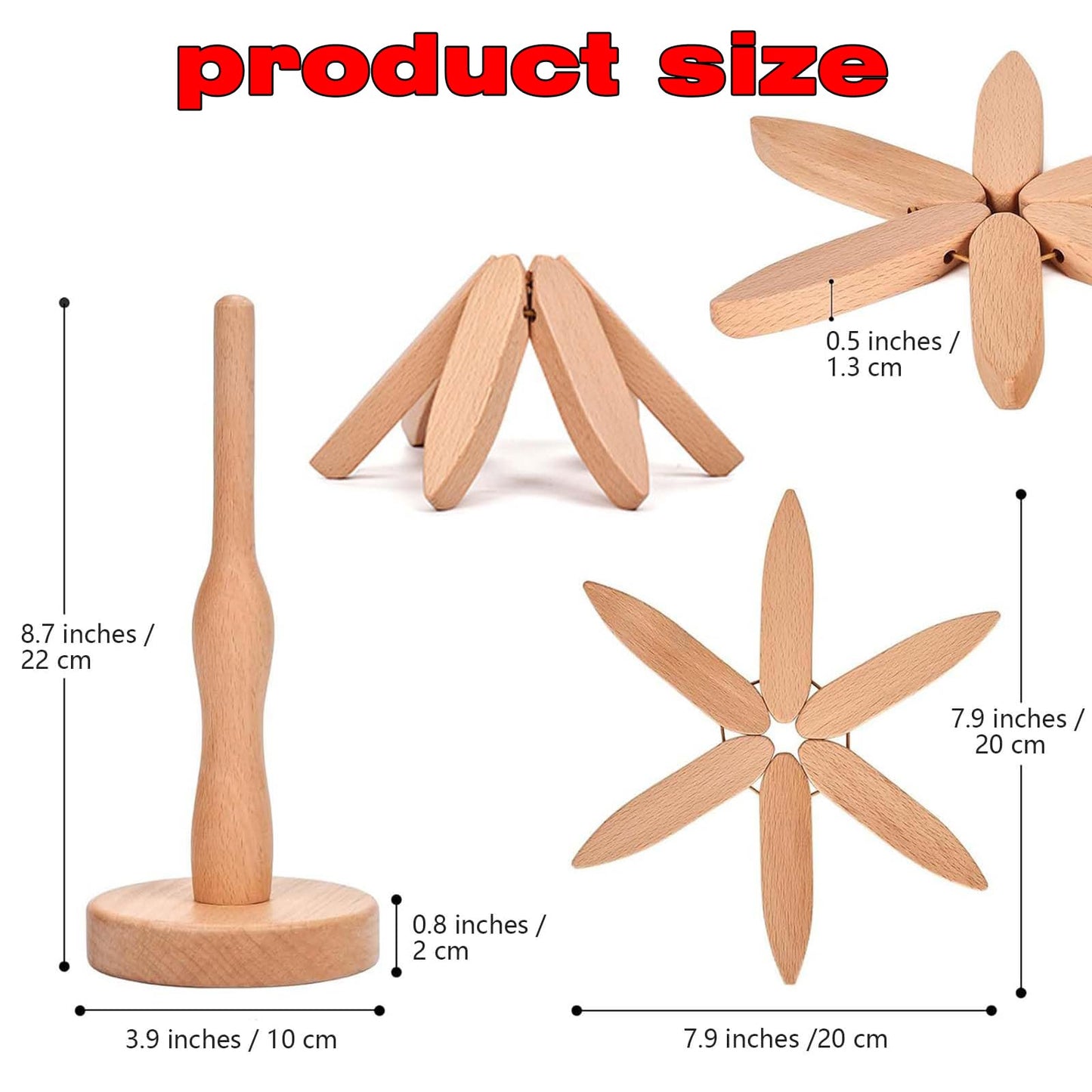 JILITSE Wooden Tree Trivets for Hot Dishes - Set of 4 with Stand, Natural Foldable Kitchen Trivets for Pots, Pans, Bowls & Teapots - Walnut