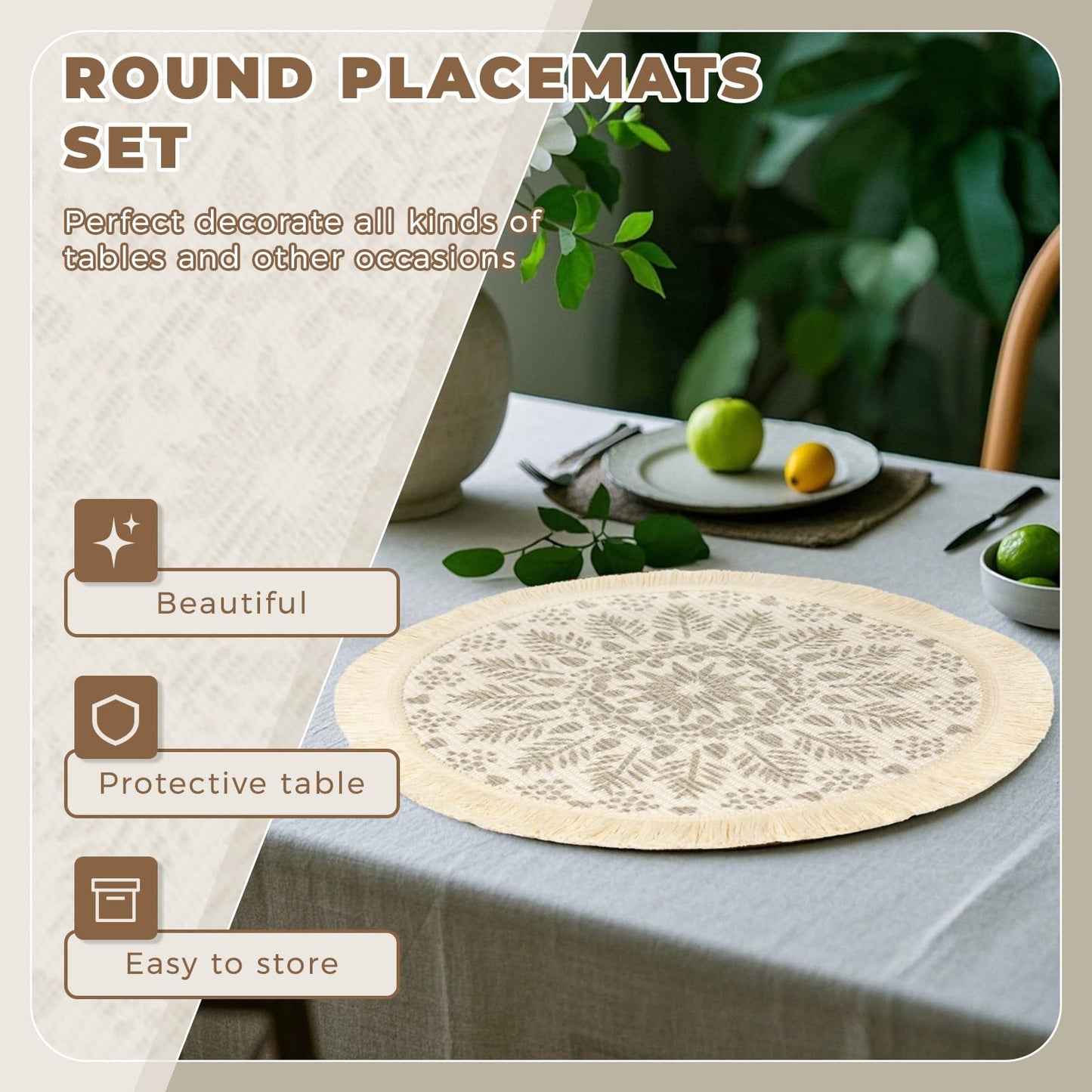 RIOOP Round Braided Placemats Set of 4, Washable Heat Resistant Non-Slip Cotton Polyester Circle Boho Woven Place Mats for Dining Table Decor, Kitchen, Parties, Family Meals, 13 inch A