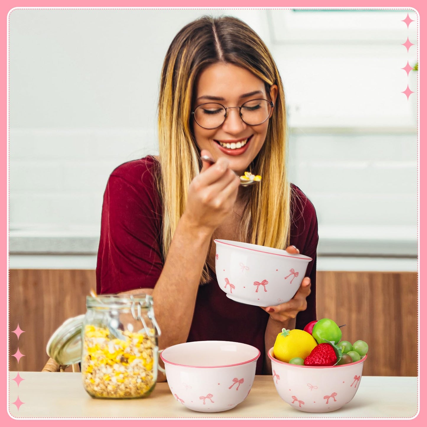 Maxdot 4 Pcs 10oz Pink Bow Ceramic Bowls Set Coquette Cute Soup Bowl Preppy Dessert Pudding Fruit Salad Decorations for Kitchen Decoration Pink White Bowl