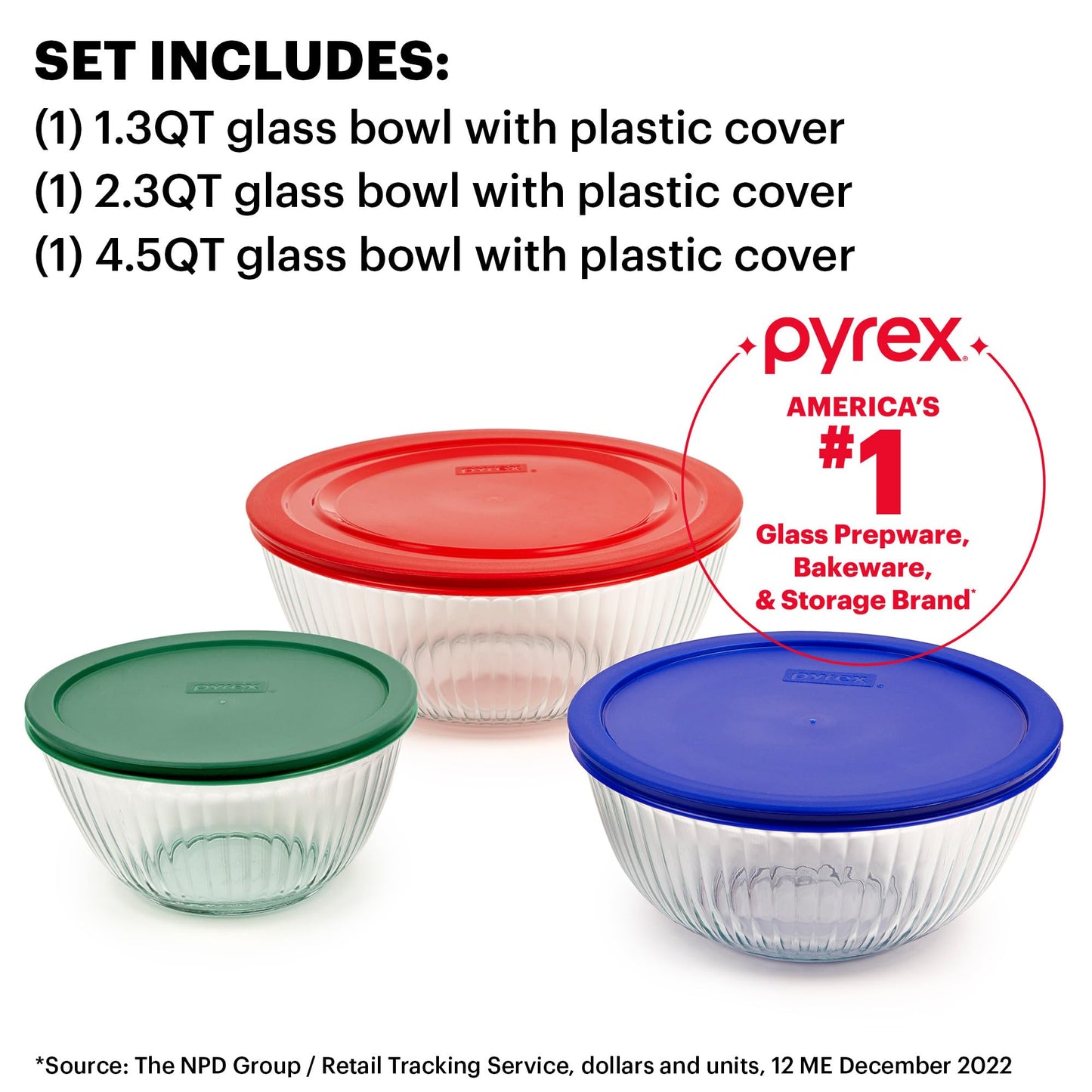 Pyrex Sculpted 3-Pack Glass Mixing Bowls (1.3 QT, 2.3 QT, 4.5 QT) with BPA-Free Lids, Prepping and Baking Food Storage Set, Dishwasher, Microwave and Freezer Safe