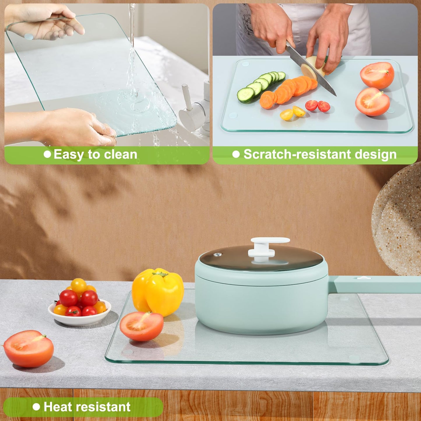 FUIJOL Tempered Glass Cutting Board for Kitchen Counter, Clear Cutting Board for Countertop with Rubber Feet – Heat, Scratch, Shatter Resistant, Dishwasher Safe, Easy to Clean, 8x12"
