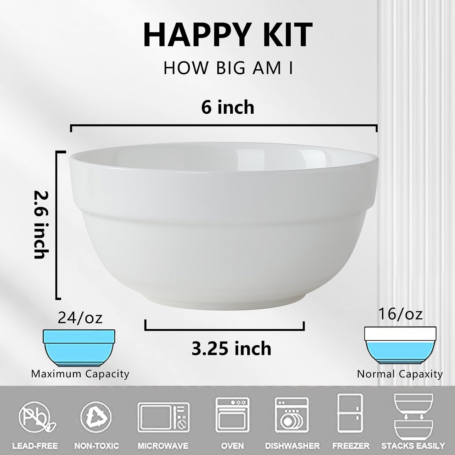 HAPPY KIT 6" Ceramic Soup Bowls, Cereal Bowls Set of 6, 24OZ White Bowls for Kitchen, Serving Bowls for Cereal Soup Rice Pasta Salad Oatmeal, Thick-edge Non-slip Design
