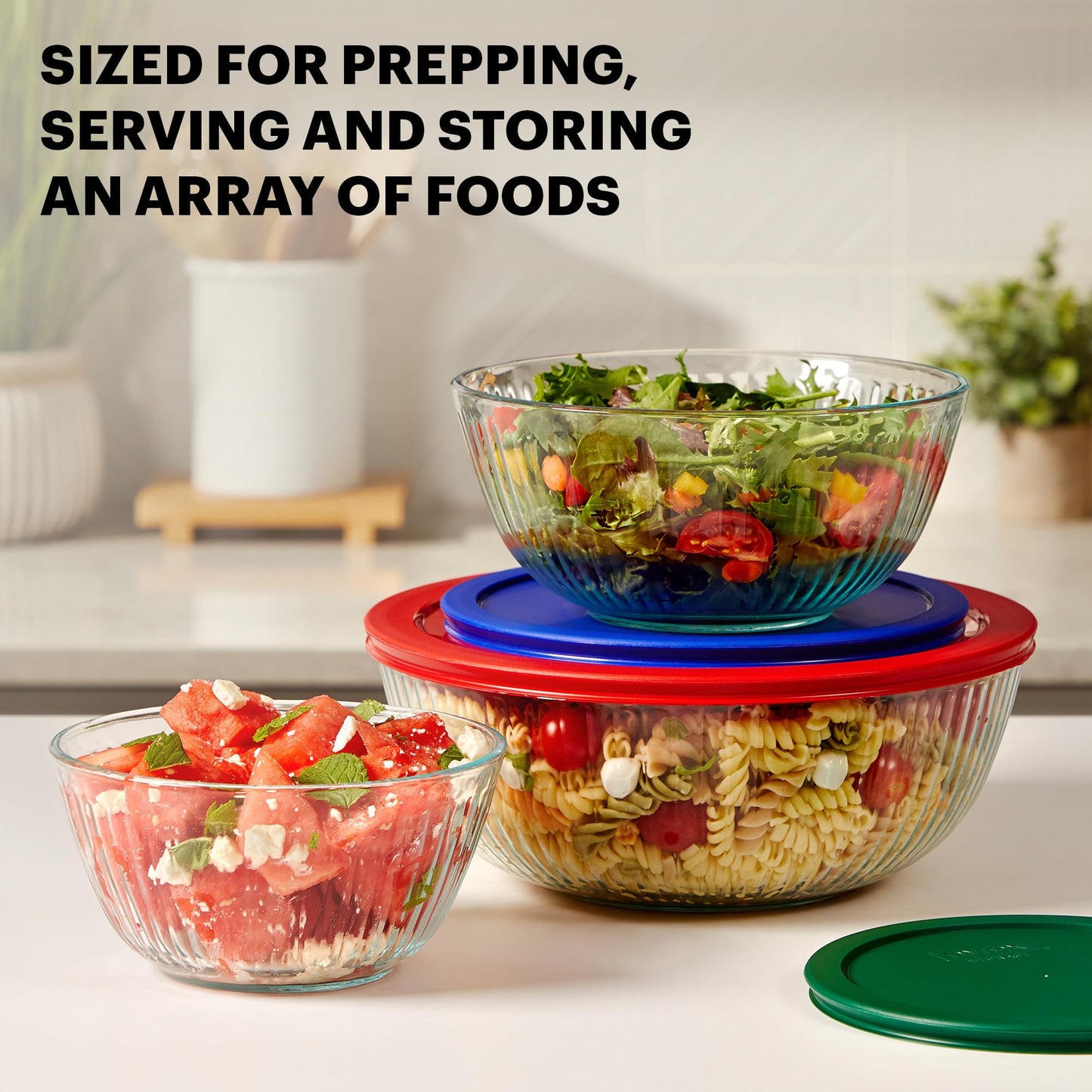Pyrex Sculpted 3-Pack Glass Mixing Bowls (1.3 QT, 2.3 QT, 4.5 QT) with BPA-Free Lids, Prepping and Baking Food Storage Set, Dishwasher, Microwave and Freezer Safe