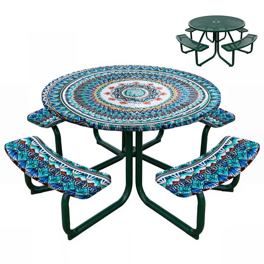 Fanfanwin Round Outdoor Ttable Cloth with Umbrella Hole Outdoor Picnic Tablecloth with 4 Bench Cover Set Mandala Furniture Covers with Elastic Fits to 42"-50" Patio Tables