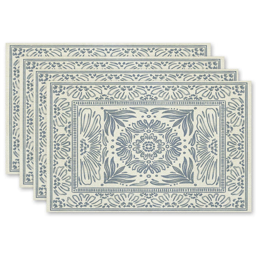 Vintage Blue Floral Placemats Set of 4, Blue and White Placemats, Retro Boho Table Mats Place Mats for Kitchen Dining Table Decoration 16.9x11.4 Inch
