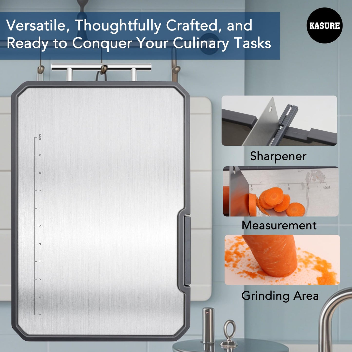 KASURE Medical-Grade Titanium Cutting Board with Measurements, Two Side Titanium Chopping Board for Meat/Seafood, Versatile Cutting Board for Multi-purpose Kitchen Tasks