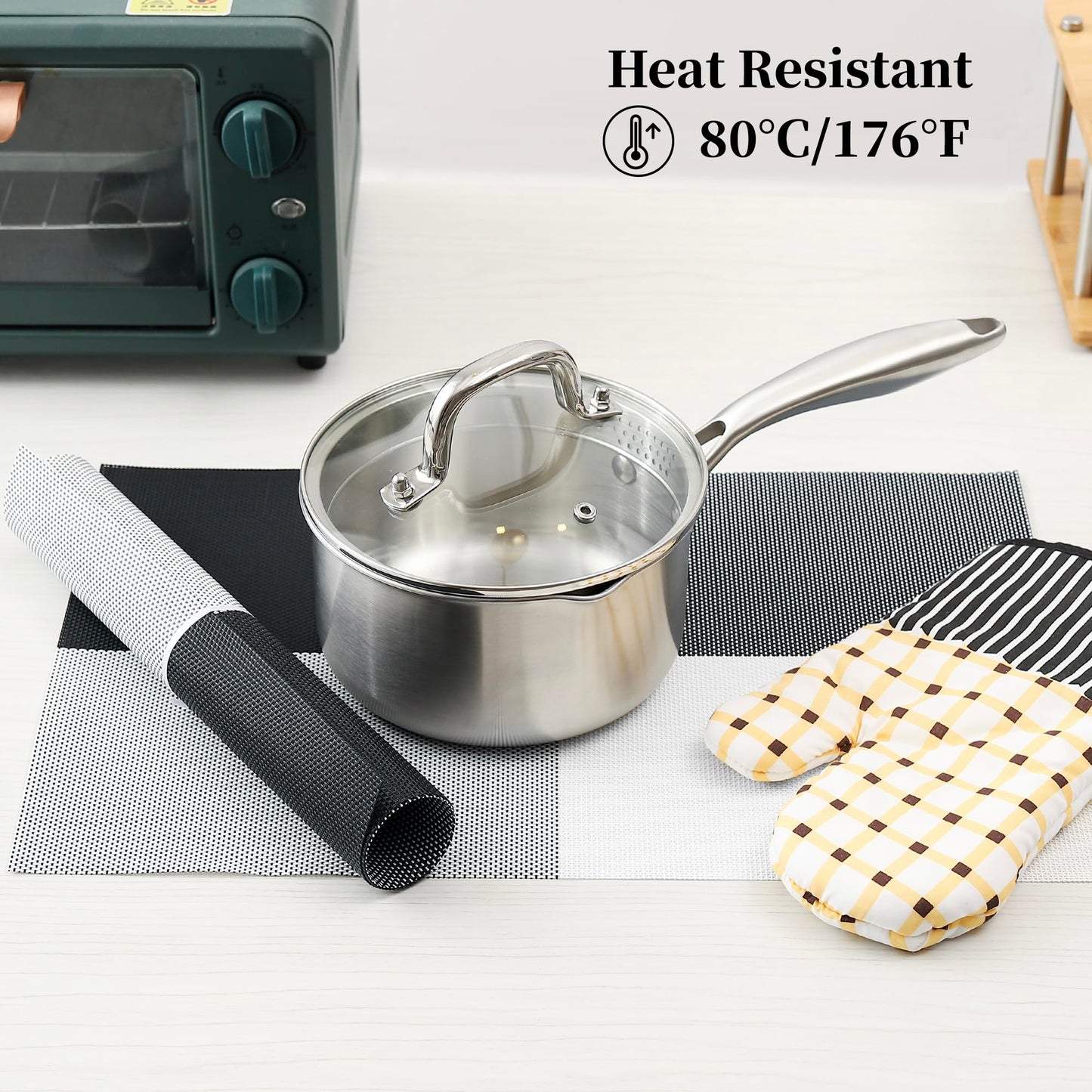 Leetaltree Gray with White Grid Pattern Placemats Set of 6 - Heat Resistant Non-Slip Place mats for Dining Table, Washable Durable PVC Vinyl Woven Table Mats（Grey Grid, 6）