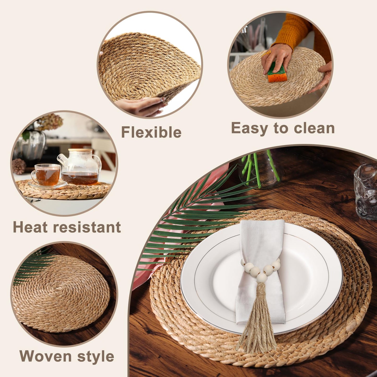 Hardcometrue Woven Placemats Set of 10, 13.8" Natural Water Hyacinth Round Rattan Placemats with Wooden Beads Napkin Rings for Kitchen Dining Table Decor
