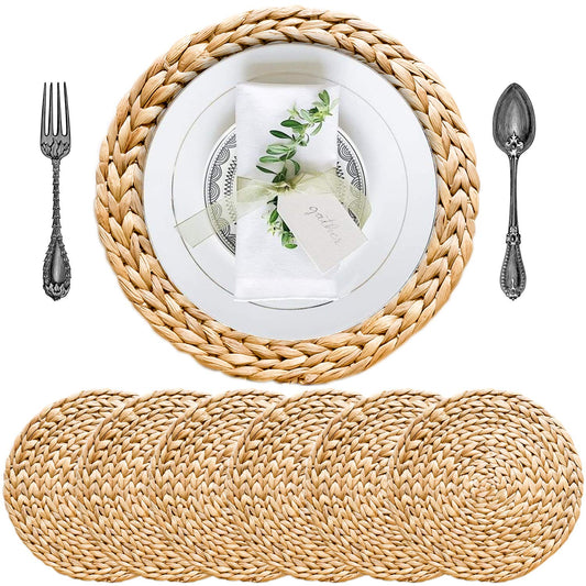 Woven Placemats Set of 6, Table Mats Set of 6, Water Hyacinth Round Placemats for Round Table, Chargers for Dinner Plates, Wicker Chargers for Dinner Plates, Woven Placemat, Place Mats 13.4 in
