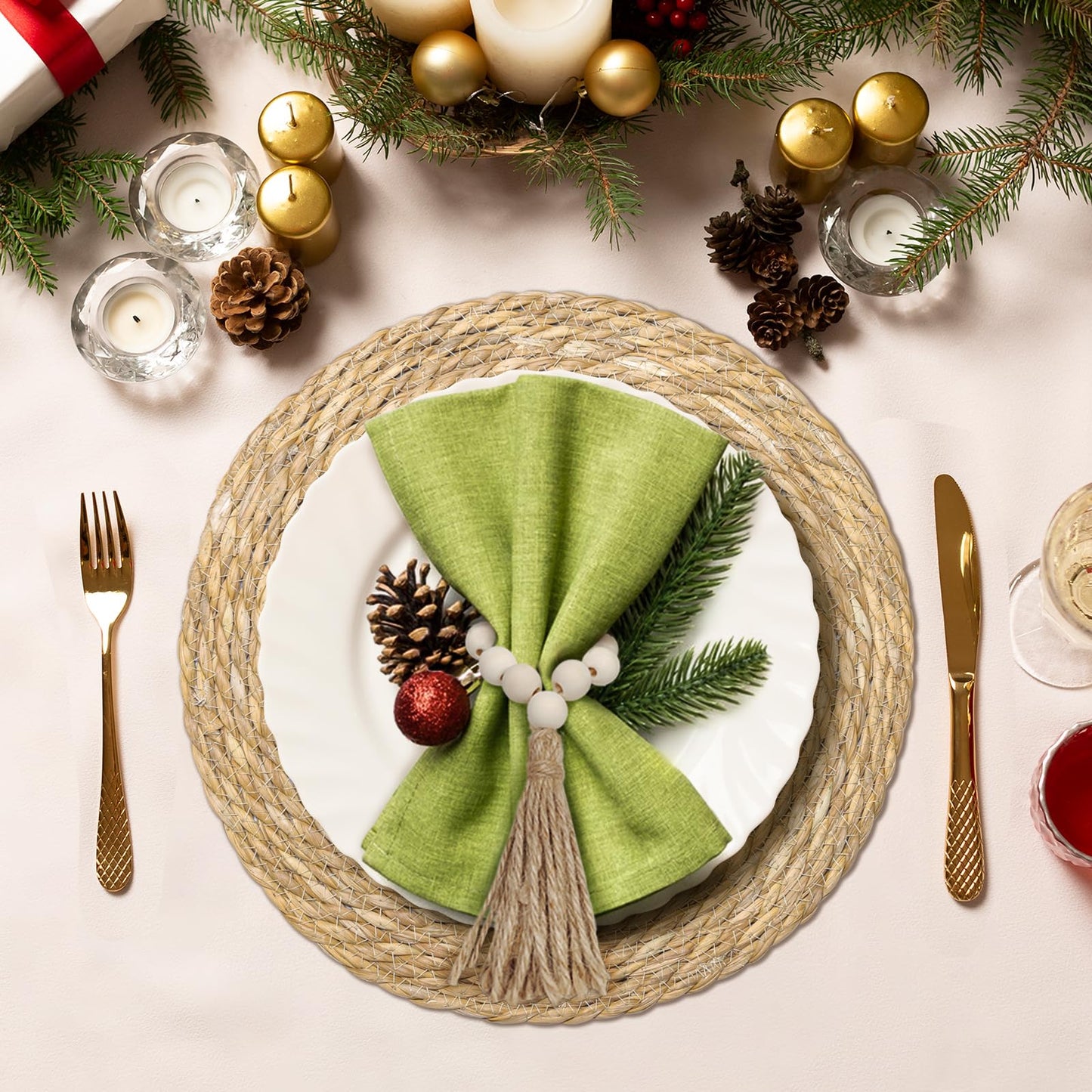 Hardcometrue Woven Placemats Set of 10, 13.8" Natural Water Hyacinth Round Rattan Placemats with Wooden Beads Napkin Rings for Kitchen Dining Table Decor