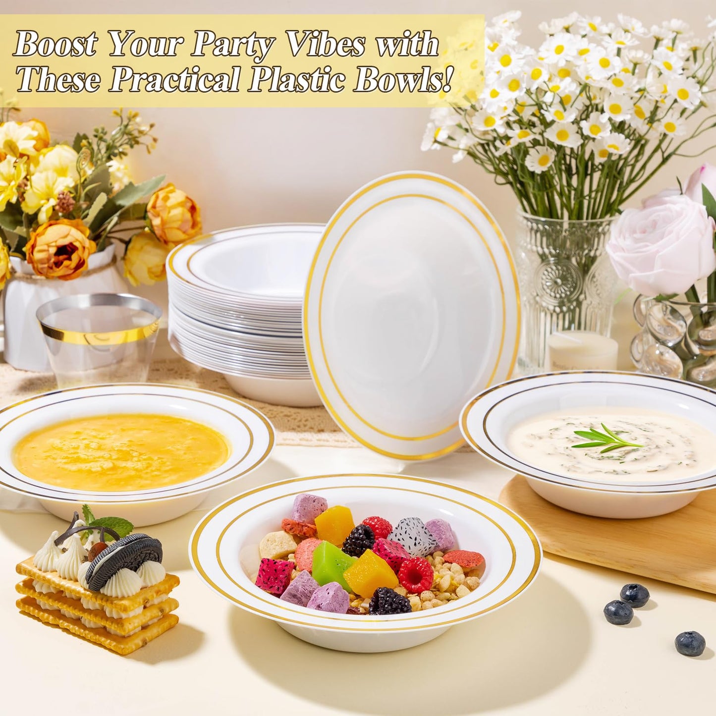 BestStar 100 Pack Disposable Soup Bowls with Gold Rim, 12oz Premium Heavy Duty Plastic Dinner Bowls for Party, Wedding and Holiday