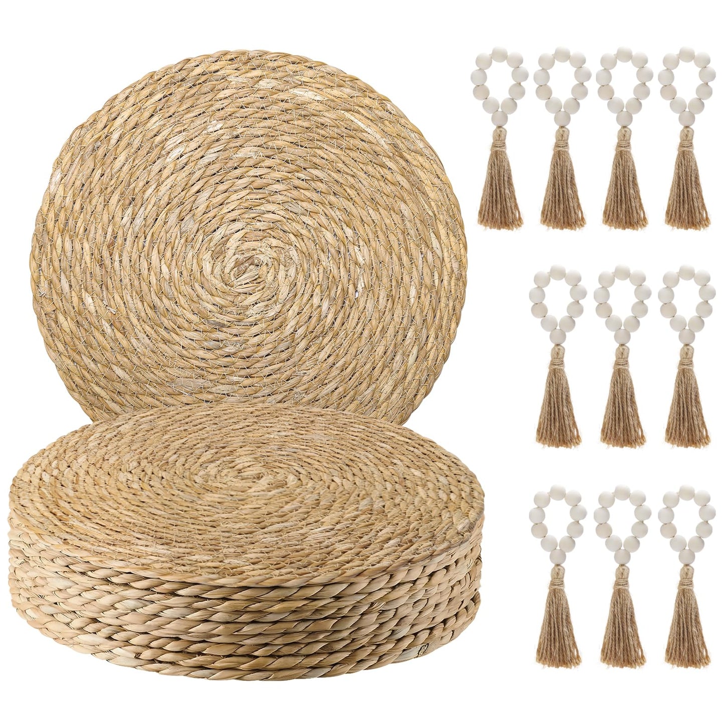 Hardcometrue Woven Placemats Set of 10, 13.8" Natural Water Hyacinth Round Rattan Placemats with Wooden Beads Napkin Rings for Kitchen Dining Table Decor