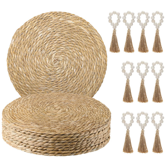 Hardcometrue Woven Placemats Set of 10, 13.8" Natural Water Hyacinth Round Rattan Placemats with Wooden Beads Napkin Rings for Kitchen Dining Table Decor