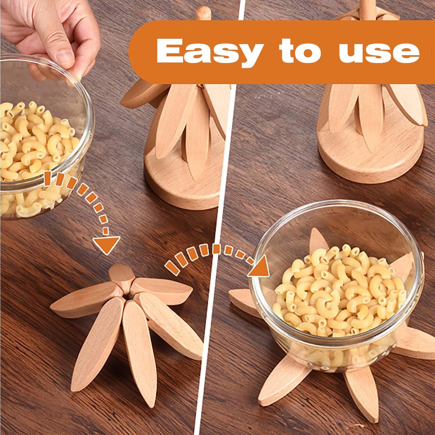 JILITSE Wooden Tree Trivets for Hot Dishes - Set of 4 with Stand, Natural Foldable Kitchen Trivets for Pots, Pans, Bowls & Teapots - Walnut