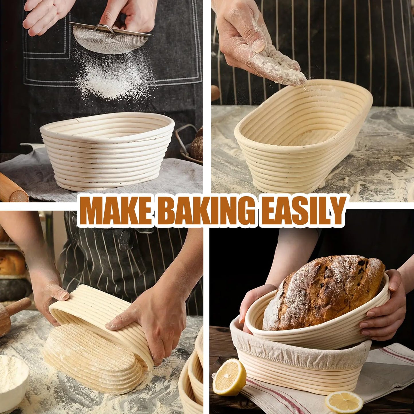 Ineyger Banneton Bread Proofing Basket - 10 inch Banneton Basket Sourdough Proofing Baskets Set of 2 Oval Proofing Bowls with Liners for Professional & Home Artisan Sourdough Bread Baking Supplies