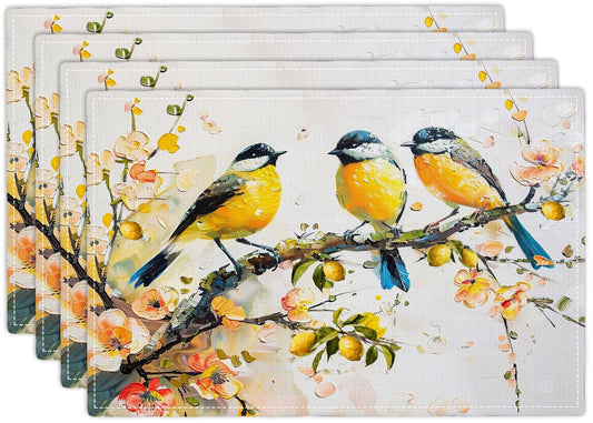 Lemon Placemats Set of 4 Birds Placemats Lemon Tree Farmhouse Rustic Flower Kitchen Mats Waterproof Washable Table Mats for Kitchen Dining Decoration 4 PCS
