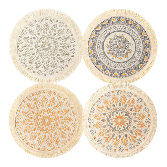 RIOOP Round Braided Placemats Set of 4, Washable Heat Resistant Non-Slip Cotton Polyester Circle Boho Woven Place Mats for Dining Table Decor, Kitchen, Parties, Family Meals, 13 inch A