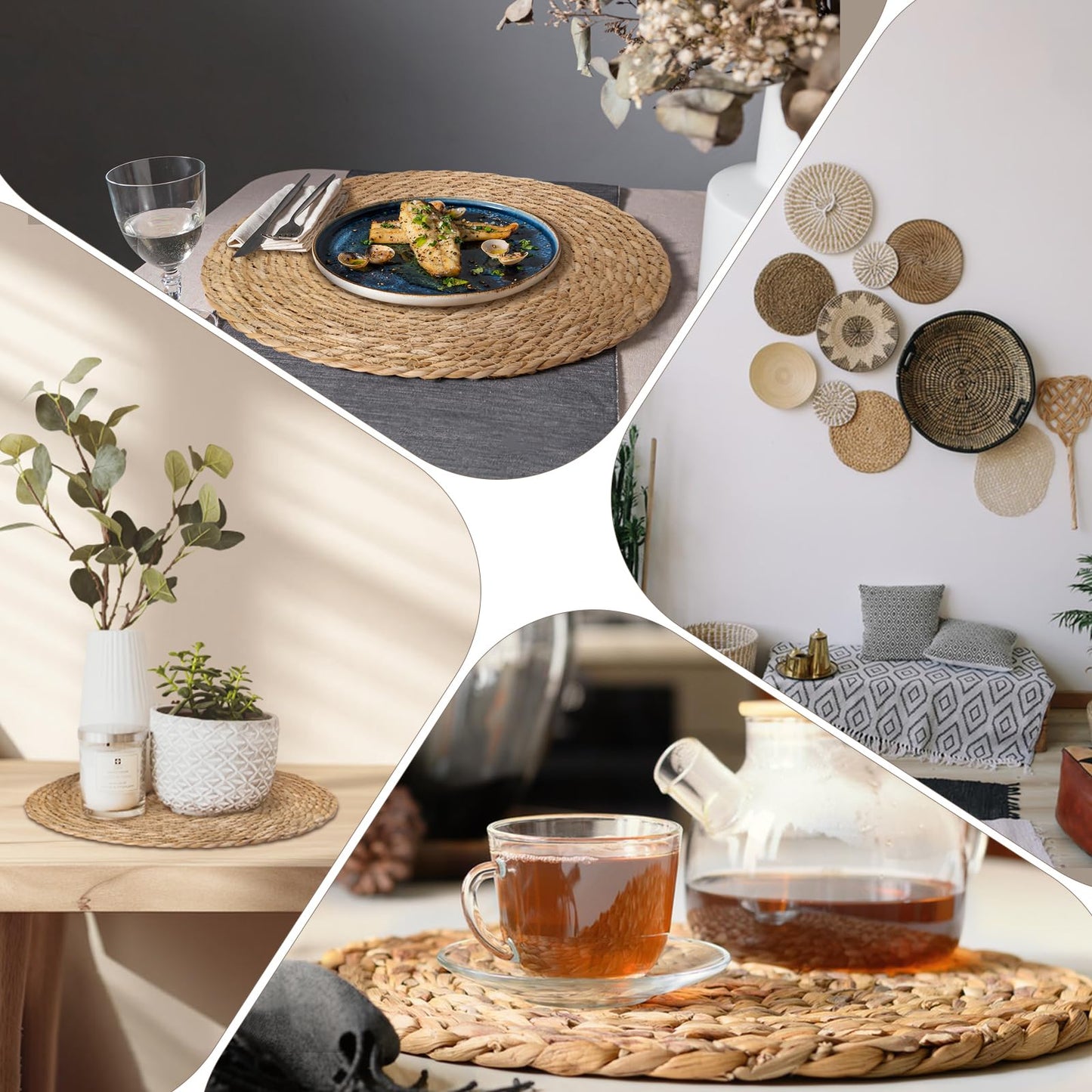 Hardcometrue Woven Placemats Set of 10, 13.8" Natural Water Hyacinth Round Rattan Placemats with Wooden Beads Napkin Rings for Kitchen Dining Table Decor