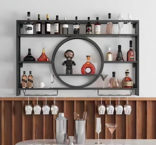 HFTUW 39 Inch Metal Wall Mounted Wine Rack, 3-Tier Bar Shelf with Glass Holder, Modern Large Capacity Liquor Bottle Display Shelf for Home Bar, Dining Room & Kitchen, Black