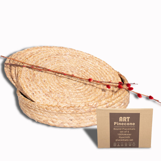 Art PineCone's Handwoven Water Hyacinth Placemats Set of 6, Eco-Friendly, Natural Charger Plates for Table Decor, Wicker placemats, Rustic Kitchen Accents, Round Placemats (WH Set of 6, 13 inch)