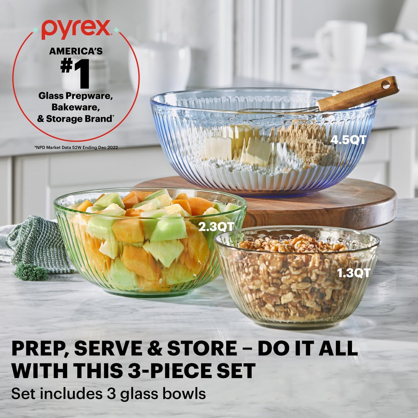 Pyrex Year Of Color Sculpted (3-Pack| 1.3 QT, 2.3 QT, 4.5 QT) Tinted Glass Mixing Bowls Set With Lids For Prepping, Baking and Cooking, Preheated Oven, Dishwasher, Freezer, and Microwave Safe